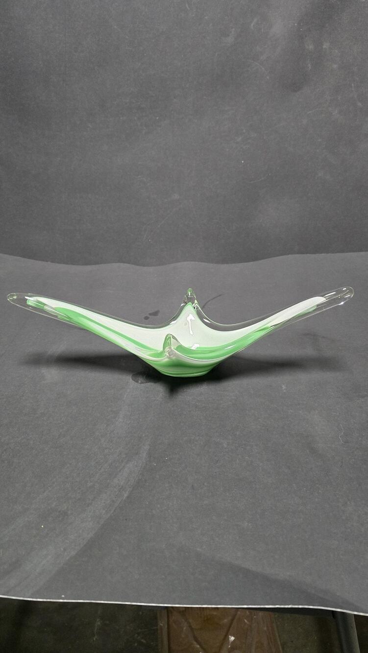 Mid Century Art Glass Stretch Console Bowl Green White Swirl Centerpiece Dish